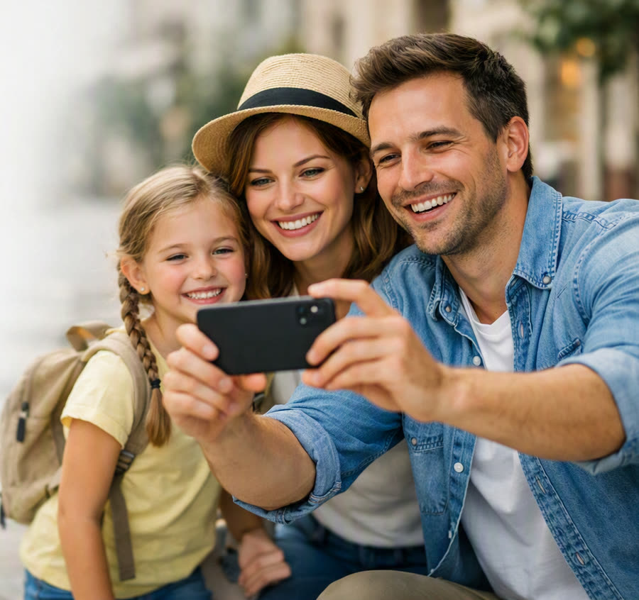 Une famille prend une photo ensemble avec son téléphone